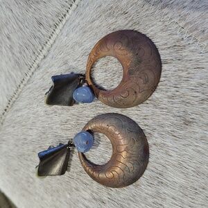 Vintage Clip On Earrings Copper Silver With Blue Beads